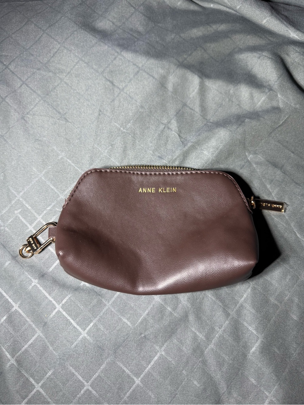 Anne Klein Chocolate Brown Leather Cosmetic Pouch with Gold Hardware